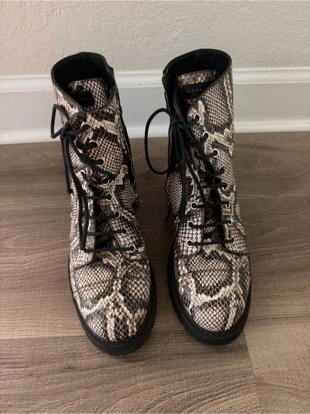 Giuseppe Snake-Print Lace-Up Combat Boots in Black/Beige
